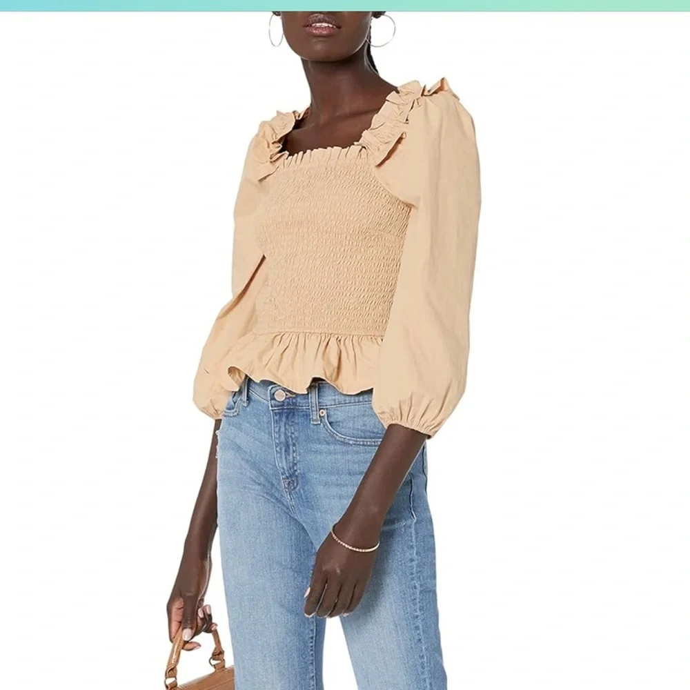 NWT The Drop Women's Marisol Long-Sleeve Ruffle Smocked Top Tan medium Amazon‎